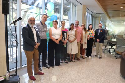 A portion of climate faculty members, with student affairs staff members, Department chair Danny Stockli and Dean Claudia Mora.