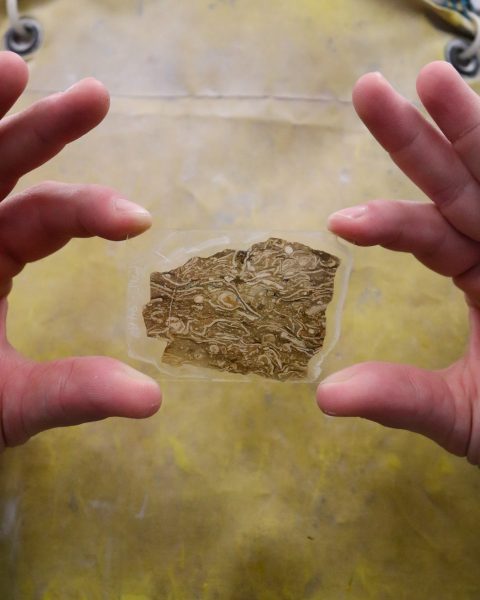 A pair of hands holds up a small, paper-thin slice of rock up against the yellow rubber apron they're wearing.