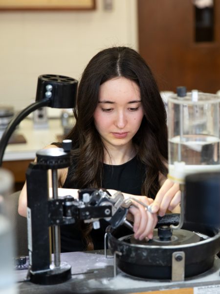 A woman with dark hair looks down at a small gem that she is touching to a plate.