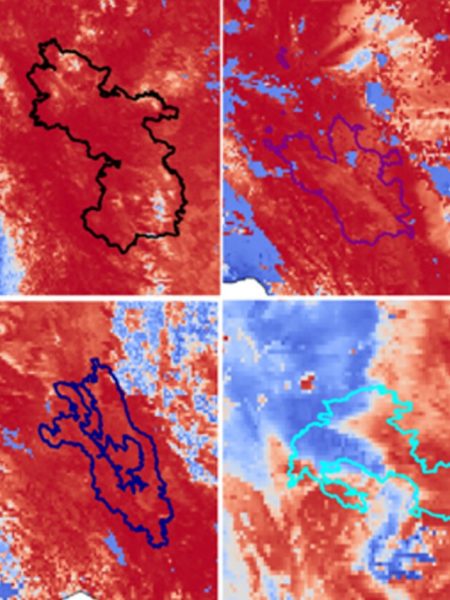 A map colored blue and red marks large fire probability.