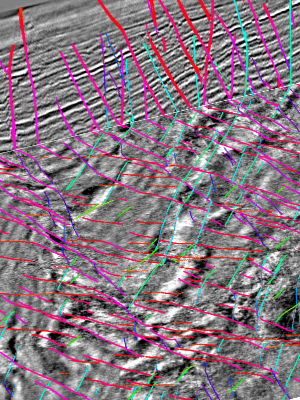 A rendering shows faults in the subsurface via colorful lines.